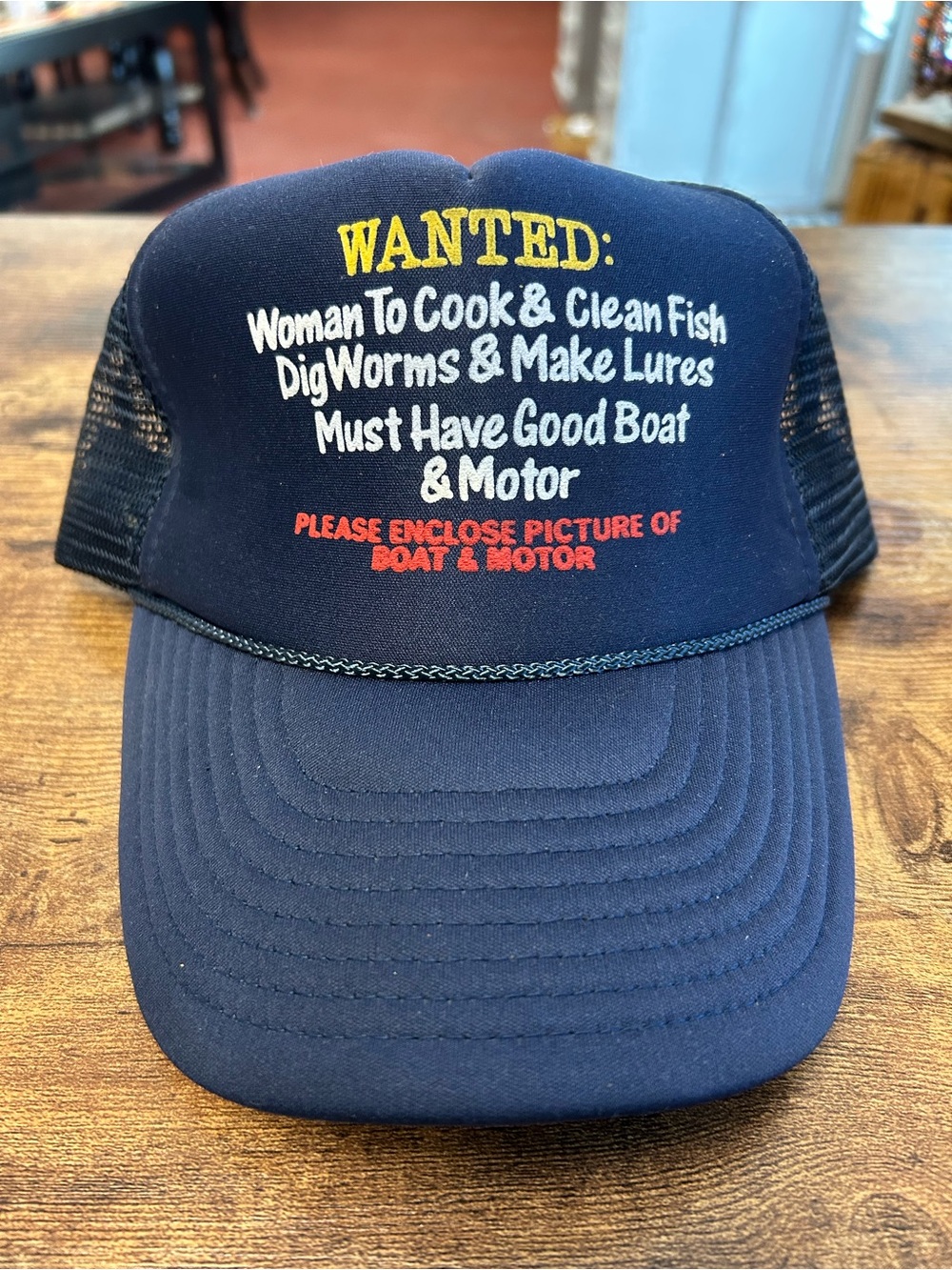 Vintage Men's Navy Trucker Hat with Fishing 'WANTED' Graphic